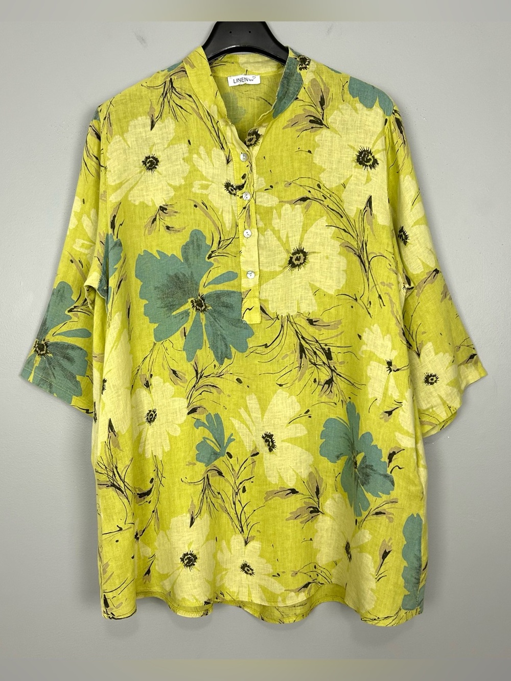 Linen Luv Floral Tunic Top Women’s Size XXL 1/2 Button Front Colorful Lagenlook